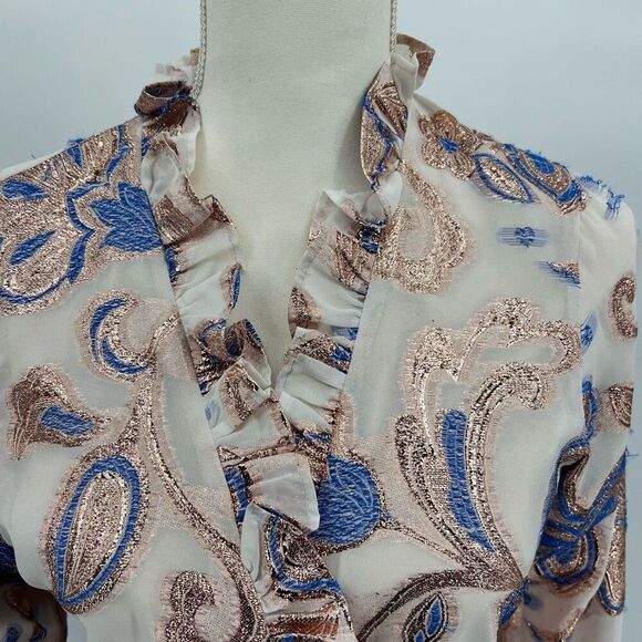 NWT Alexis Blouse Top Crop Blue Gold Cream Size M - Picture 7 of 11